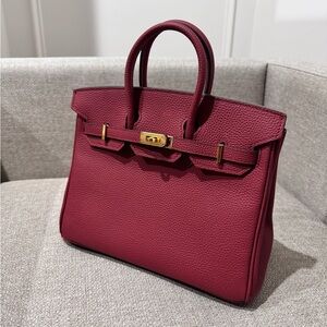25CM Classic Togo Leather Top Handle Satchel Bag - Black Cherry